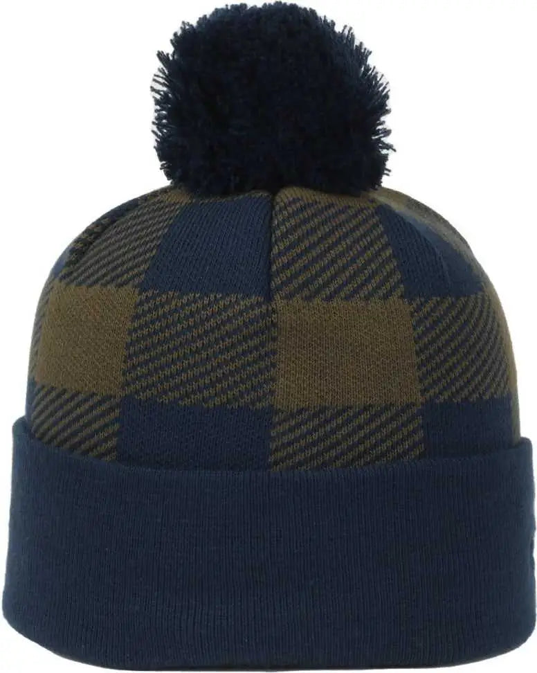 OC Sports KNF-PLD Plaid Watch Beanier with Pom - Navy Olive - Olive / OSFM