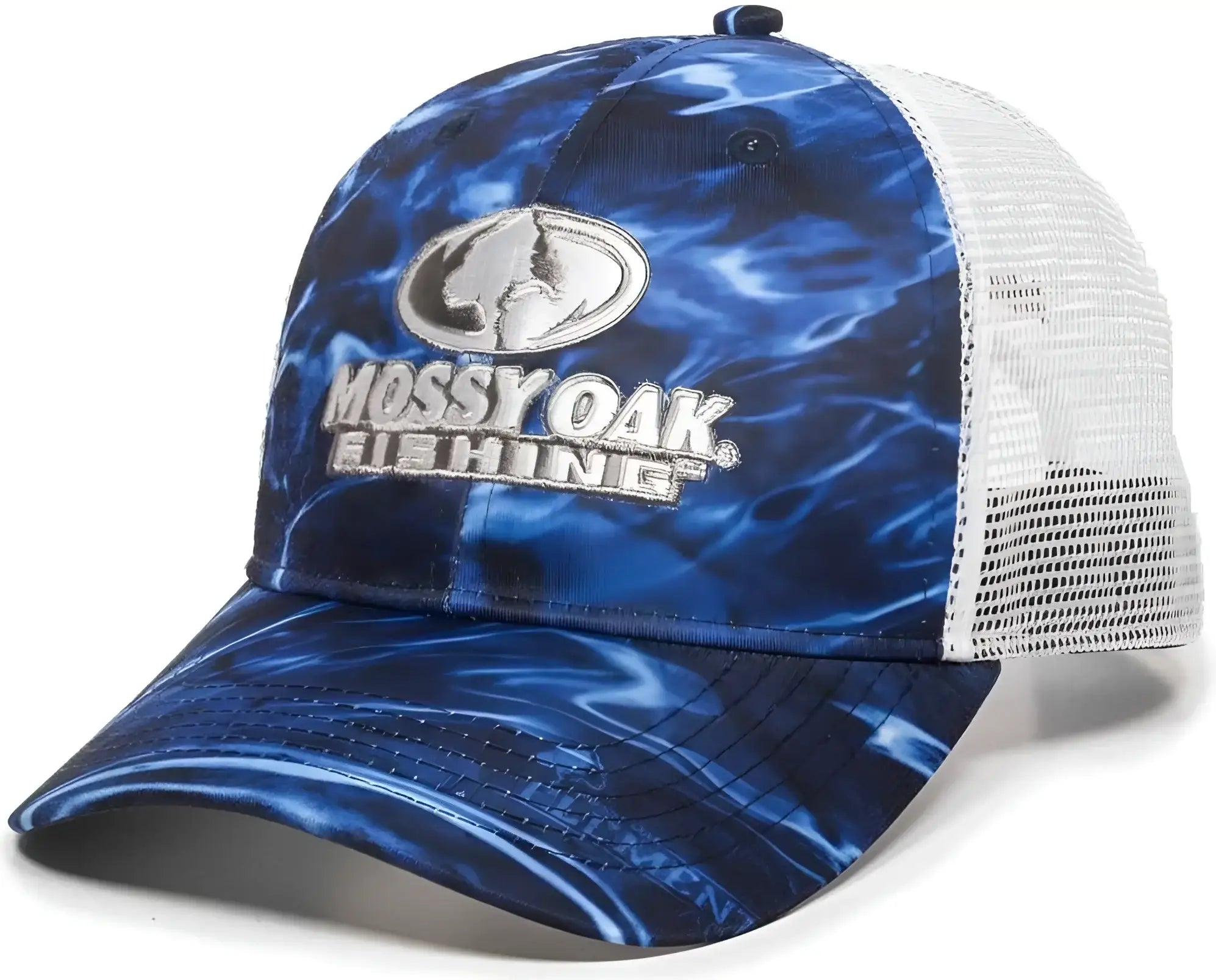 OC Sports MOFS44A Mossey Oak Fishing Polyester Camo Front Panels Cap - Mossy Oak Elements Agua Marlin White - Mossy Oak