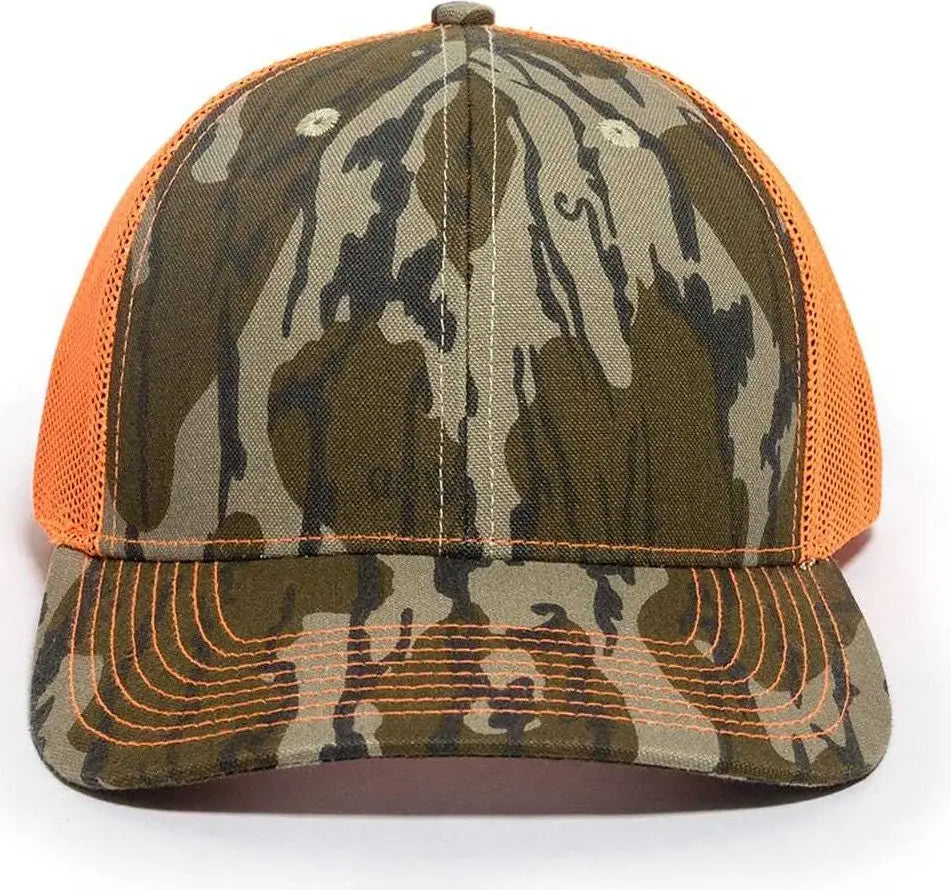 OC Sports OC771CAMO Adjustable Mesh Back Cap - Mossy Oak Original Bottomland Neon Orange - Mossy Oak Neon Orange / 6