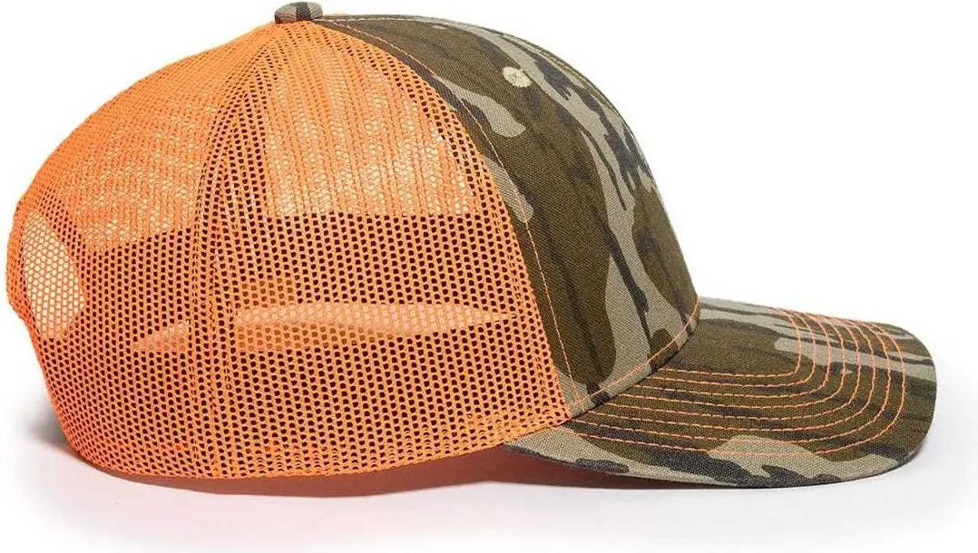 OC Sports OC771CAMO Adjustable Mesh Back Cap - Mossy Oak Original Bottomland Neon Orange - Mossy Oak Neon Orange / 6