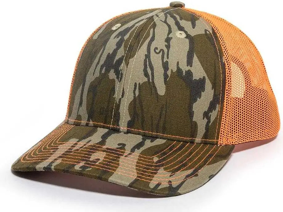 OC Sports OC771CAMO Adjustable Mesh Back Cap - Mossy Oak Original Bottomland Neon Orange - Mossy Oak Neon Orange / 6