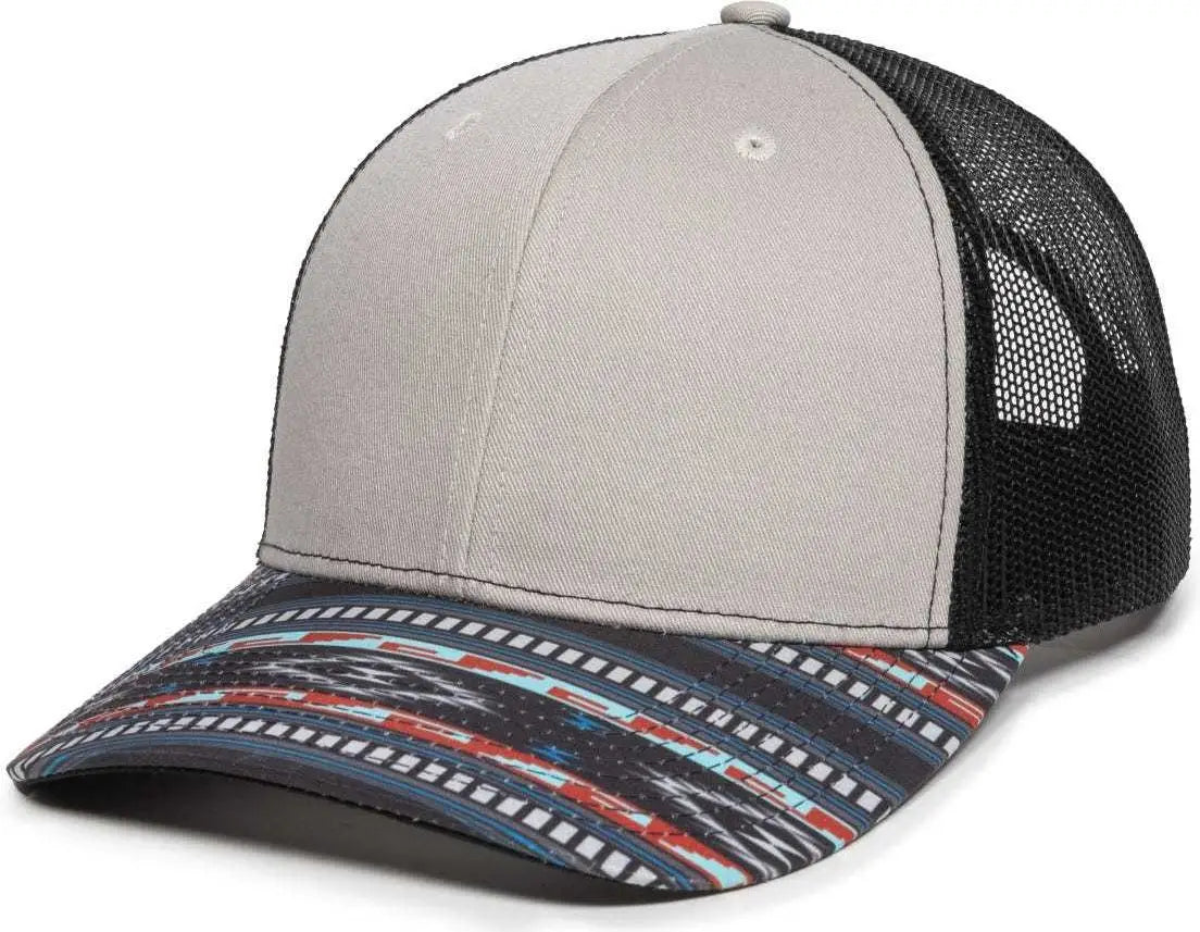OC Sports OC771P Slight Pre-Curved Sublimated Visor Cap - Light Gray Black Aqua - Gray Black / 6 7/8’’ - 7 1/2’’
