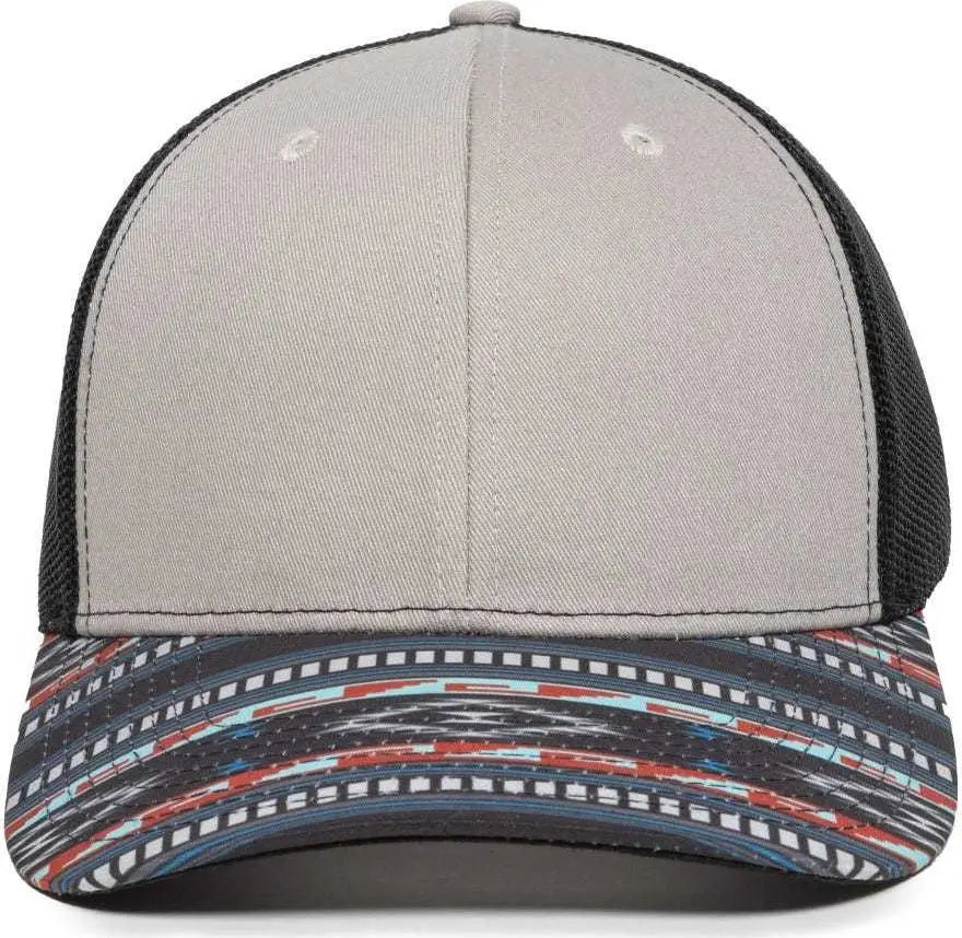OC Sports OC771P Slight Pre-Curved Sublimated Visor Cap - Light Gray Black Aqua - Gray Black / 6 7/8’’ - 7 1/2’’