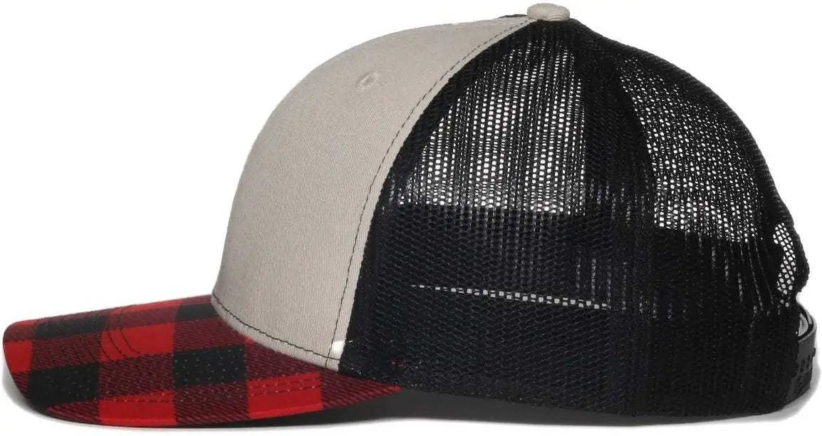 OC Sports OC771P Slight Pre-Curved Sublimated Visor Cap - Stone Black Red Plaid - Black Red / 6 7/8’’ - 7 1/2’’