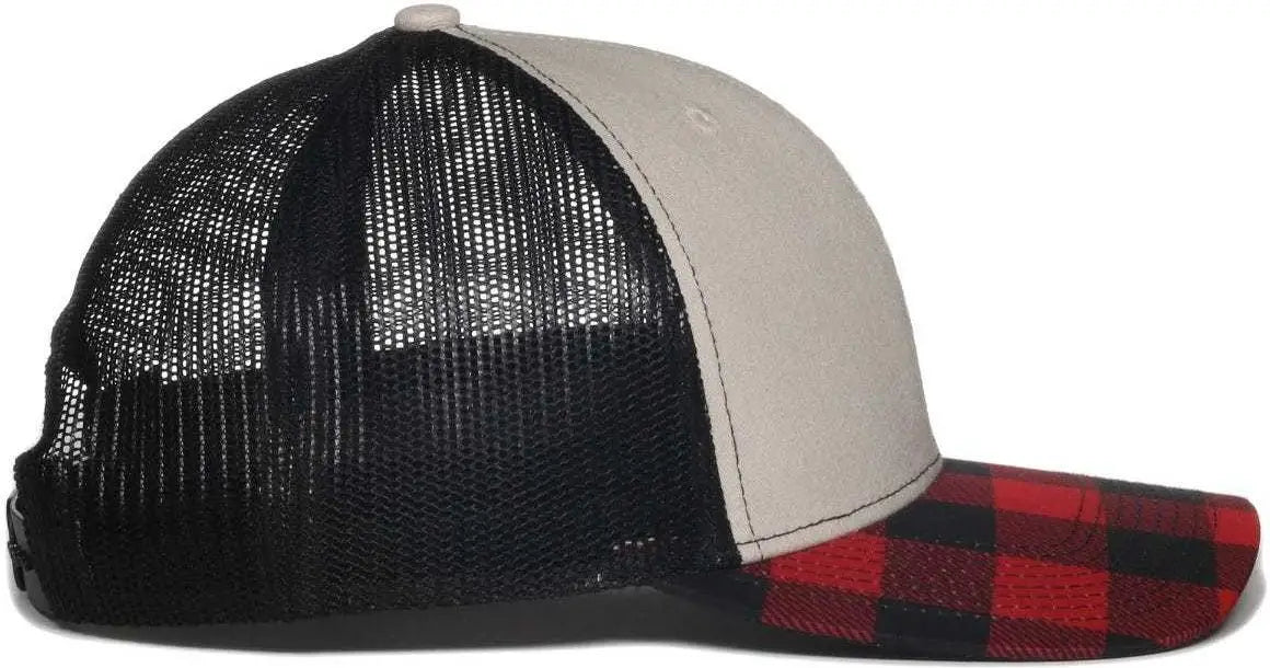 OC Sports OC771P Slight Pre-Curved Sublimated Visor Cap - Stone Black Red Plaid - Black Red / 6 7/8’’ - 7 1/2’’