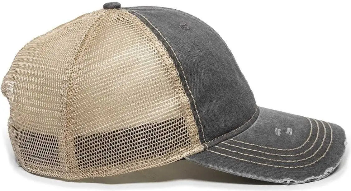OC Sports OC801 Washed Adjustable Tea-Stained Mesh Back Panels Cap - Black Tea Stain - Black Ivory / 6 7/8’’ - 7 1/2’’
