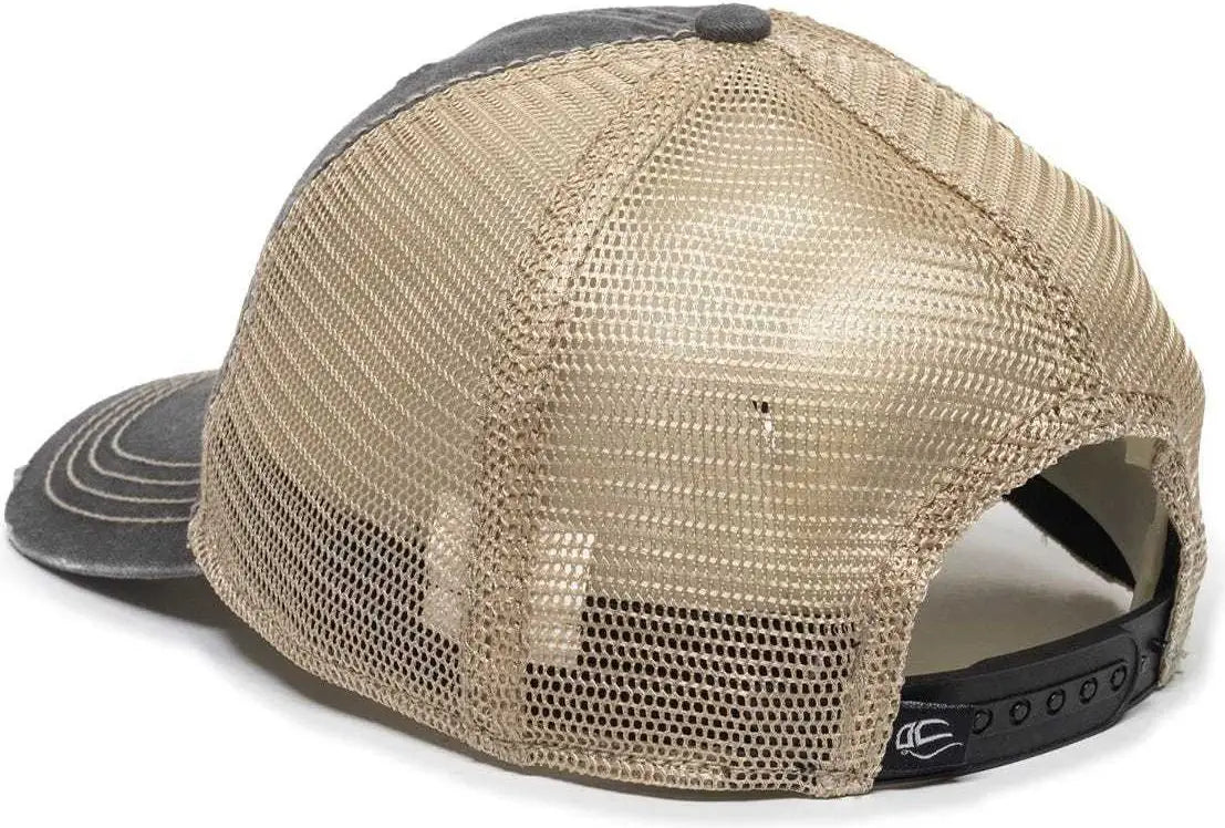 OC Sports OC801 Washed Adjustable Tea-Stained Mesh Back Panels Cap - Black Tea Stain - Black Ivory / 6 7/8’’ - 7 1/2’’