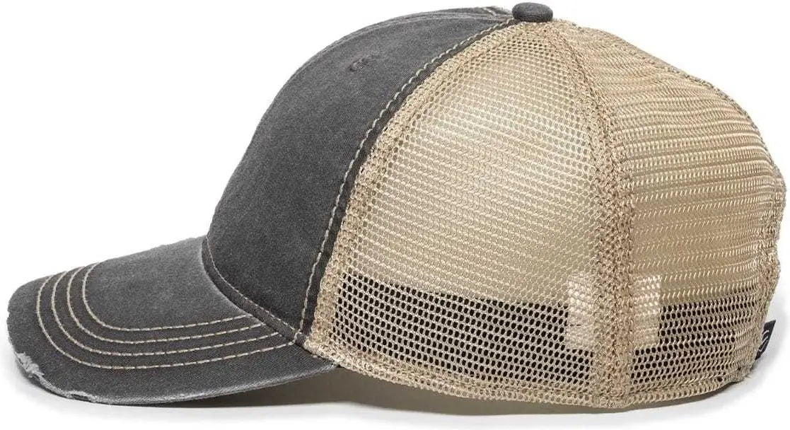 OC Sports OC801 Washed Adjustable Tea-Stained Mesh Back Panels Cap - Black Tea Stain - Black Ivory / 6 7/8’’ - 7 1/2’’