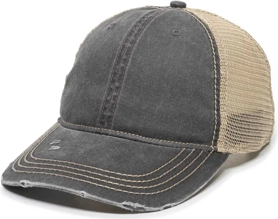OC Sports OC801 Washed Adjustable Tea-Stained Mesh Back Panels Cap - Black Tea Stain - Black Ivory / 6 7/8’’ - 7 1/2’’