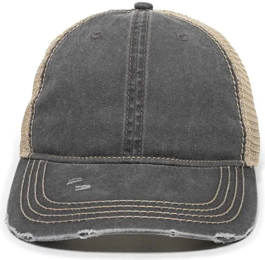 OC Sports OC801 Washed Adjustable Tea-Stained Mesh Back Panels Cap - Black Tea Stain - Black Ivory / 6 7/8’’ - 7 1/2’’