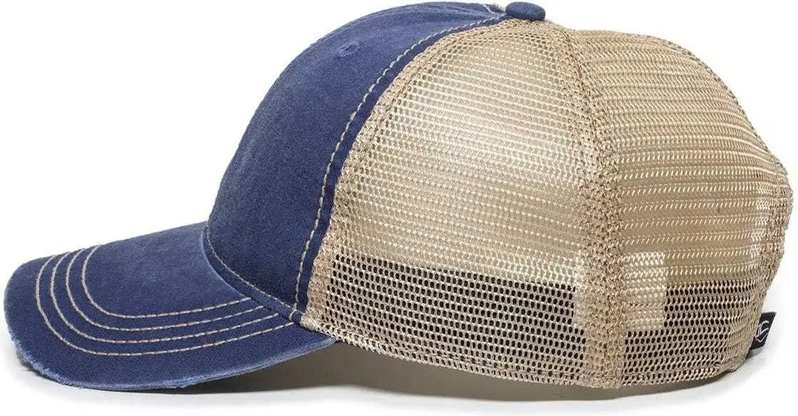 OC Sports OC801 Washed Adjustable Tea-Stained Mesh Back Panels Cap - Navy Tea Stain - Navy Ivory / 6 7/8’’ - 7 1/2’’