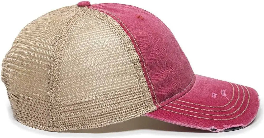 OC Sports OC801 Washed Adjustable Tea-Stained Mesh Back Panels Cap - Ruby Tea Stain - Cardinal Ivory / 6 7/8’’ - 7 1/2’’