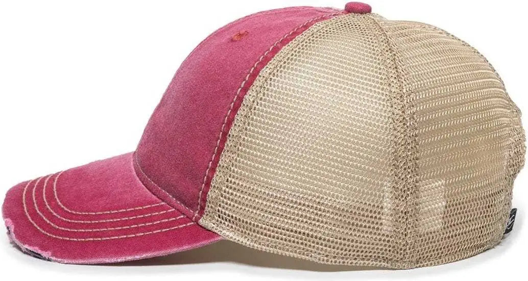 OC Sports OC801 Washed Adjustable Tea-Stained Mesh Back Panels Cap - Ruby Tea Stain - Cardinal Ivory / 6 7/8’’ - 7 1/2’’