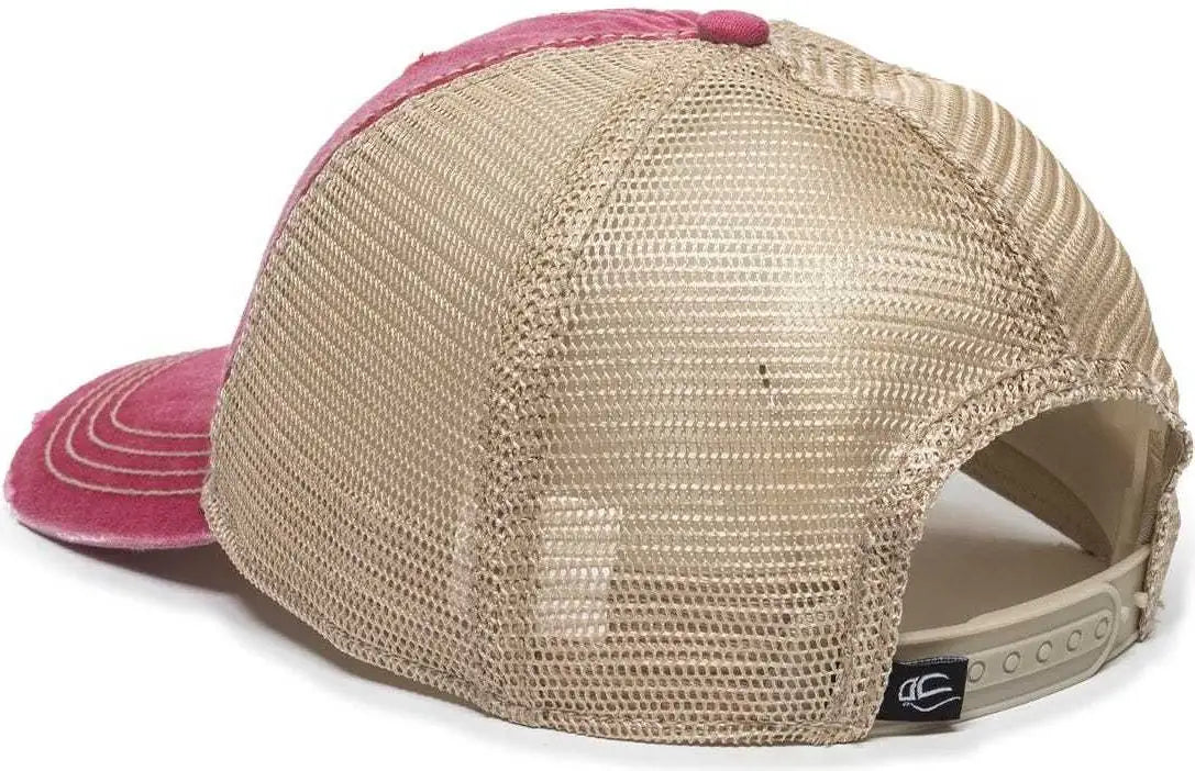 OC Sports OC801 Washed Adjustable Tea-Stained Mesh Back Panels Cap - Ruby Tea Stain - Cardinal Ivory / 6 7/8’’ - 7 1/2’’