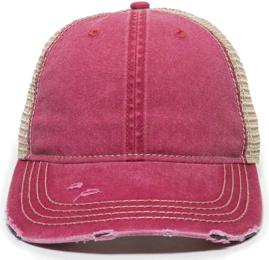 OC Sports OC801 Washed Adjustable Tea-Stained Mesh Back Panels Cap - Ruby Tea Stain - Cardinal Ivory / 6 7/8’’ - 7 1/2’’