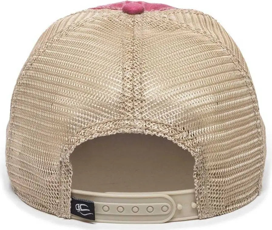 OC Sports OC801 Washed Adjustable Tea-Stained Mesh Back Panels Cap - Ruby Tea Stain - Cardinal Ivory / 6 7/8’’ - 7 1/2’’
