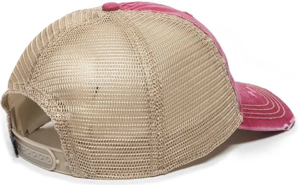 OC Sports OC801 Washed Adjustable Tea-Stained Mesh Back Panels Cap - Ruby Tea Stain - Cardinal Ivory / 6 7/8’’ - 7 1/2’’