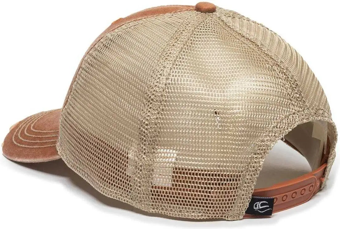OC Sports OC801 Washed Adjustable Tea-Stained Mesh Back Panels Cap - Rust Tea Stain - Burnt Orange Ivory / 6 7/8’’ - 7