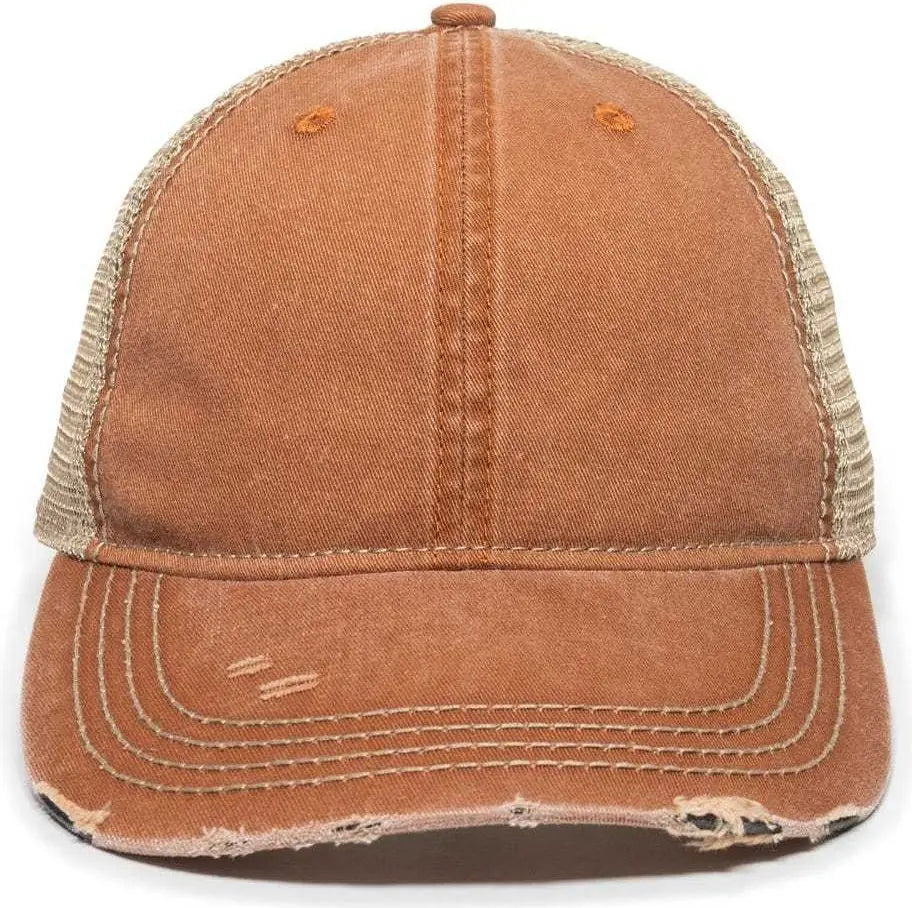 OC Sports OC801 Washed Adjustable Tea-Stained Mesh Back Panels Cap - Rust Tea Stain - Burnt Orange Ivory / 6 7/8’’ - 7