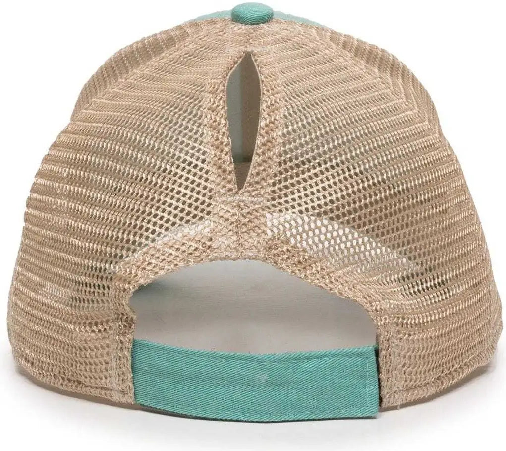 OC Sports PNY-100M Adjustable Meshback Cap with Ponytail Hole - Mint Tea Stain - Green Ivory / 6 7/8’’ - 7 1/2’’