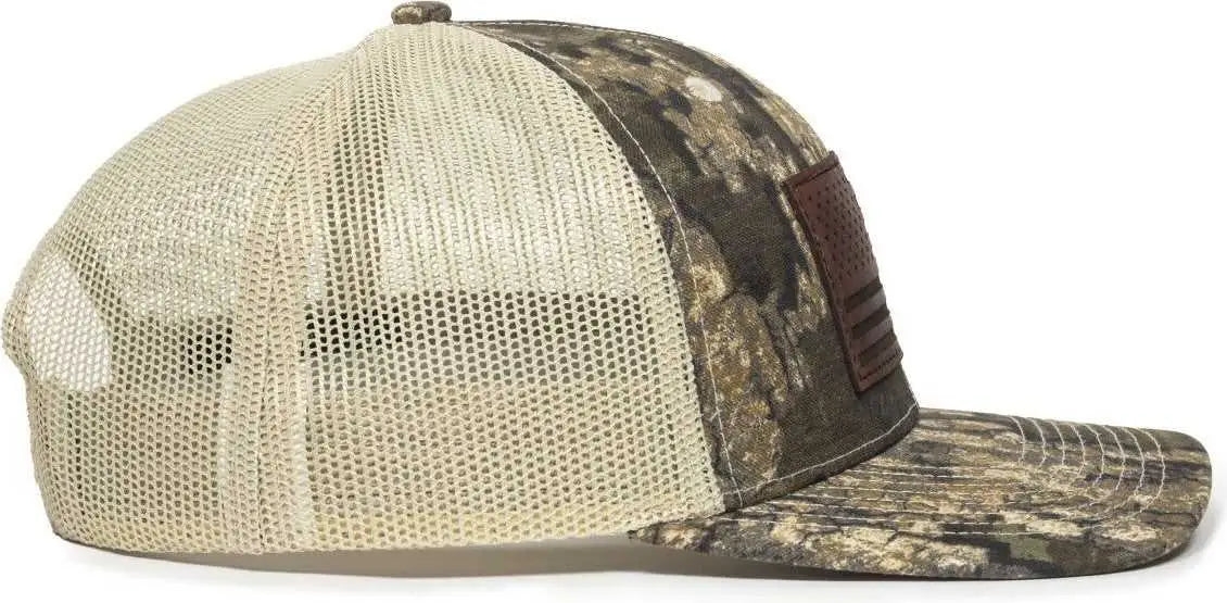 OC Sports USA771CAMO American Flag Leather Patch Cap - Realtree Timber Tan - Realtree Tan / 6 7/8’’ - 7 1/2’’