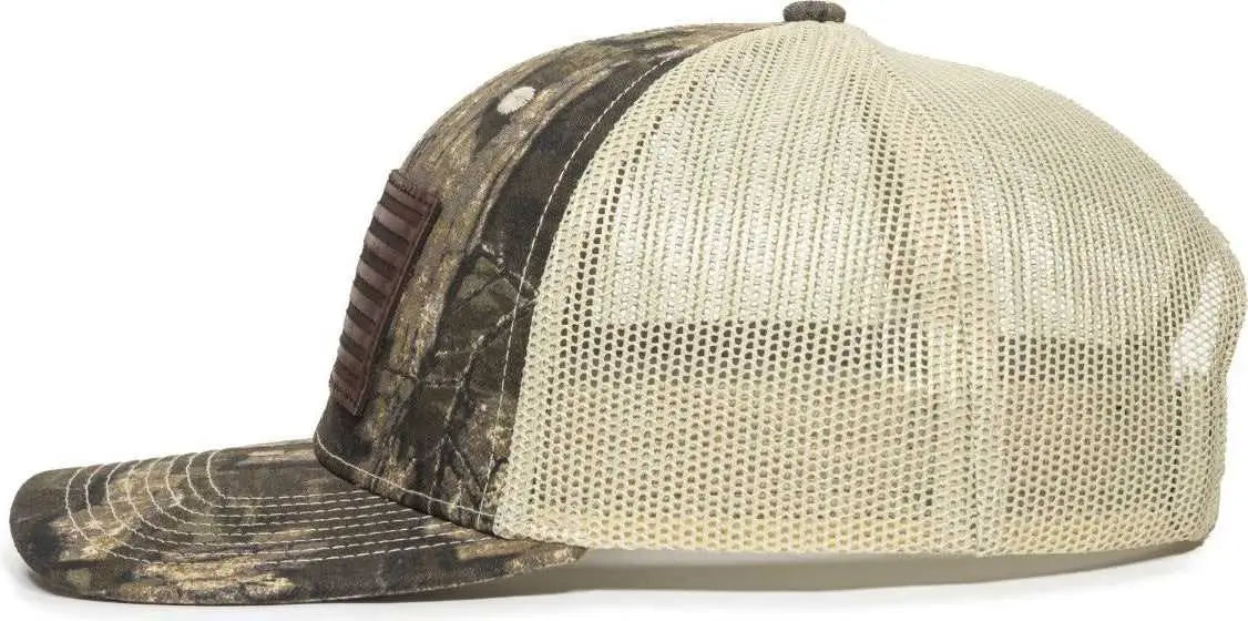OC Sports USA771CAMO American Flag Leather Patch Cap - Realtree Timber Tan - Realtree Tan / 6 7/8’’ - 7 1/2’’