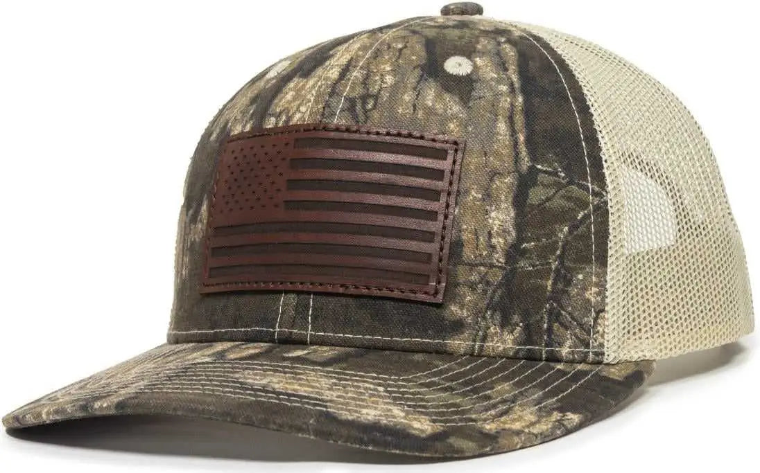 OC Sports USA771CAMO American Flag Leather Patch Cap - Realtree Timber Tan - Realtree Tan / 6 7/8’’ - 7 1/2’’