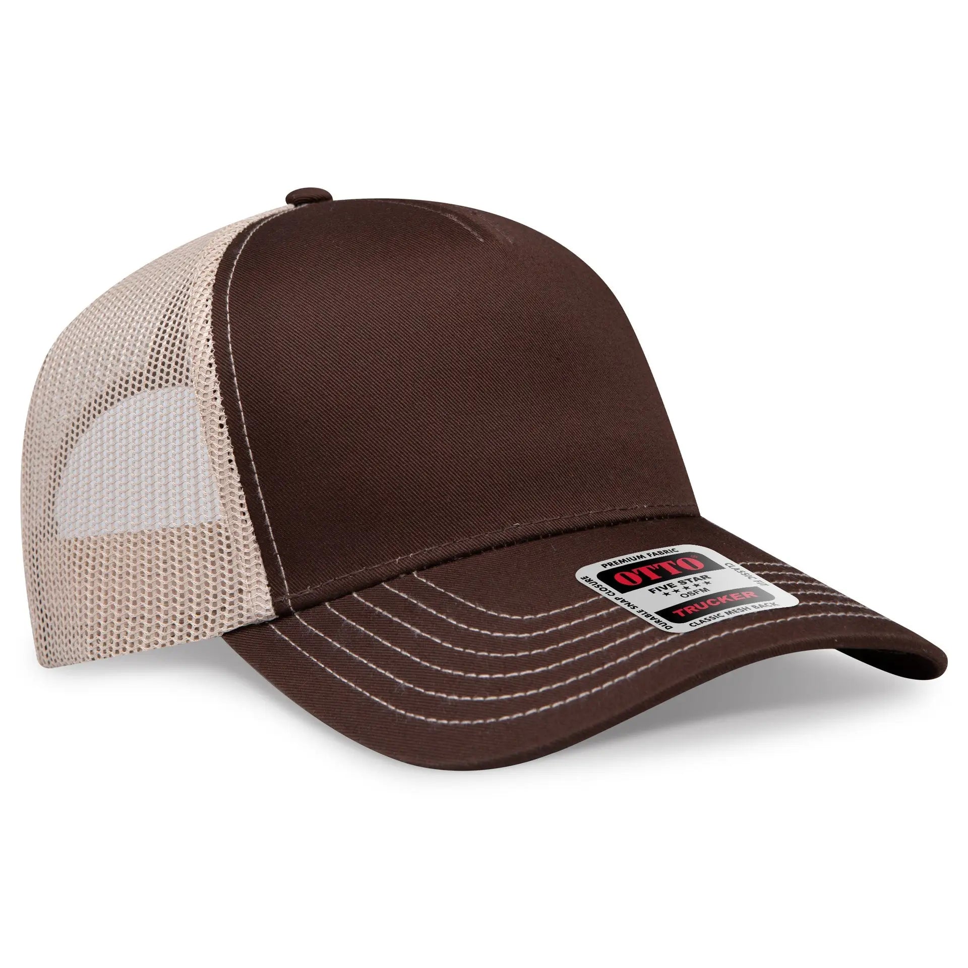 OTTO 102-664 5 Panel Low Profile Mesh Back Trucker Cap - Dk.Brn/Dk.Brn/Kha - Dk.Brn/Dk.Brn/Kha / 6 1/2’’ - 7 5/8’’