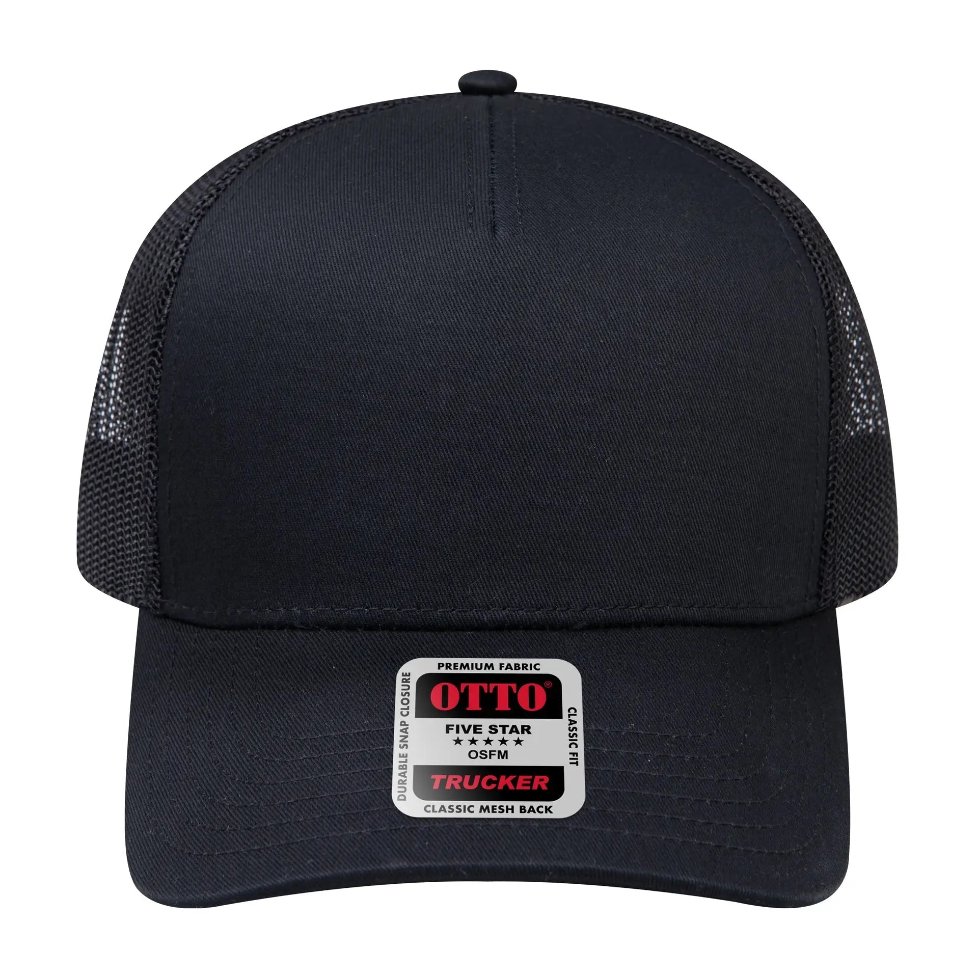 OTTO 102-664 5 Panel Low Profile Mesh Back Trucker Cap - Black - Black / 6 1/2’’ - 7 5/8’’