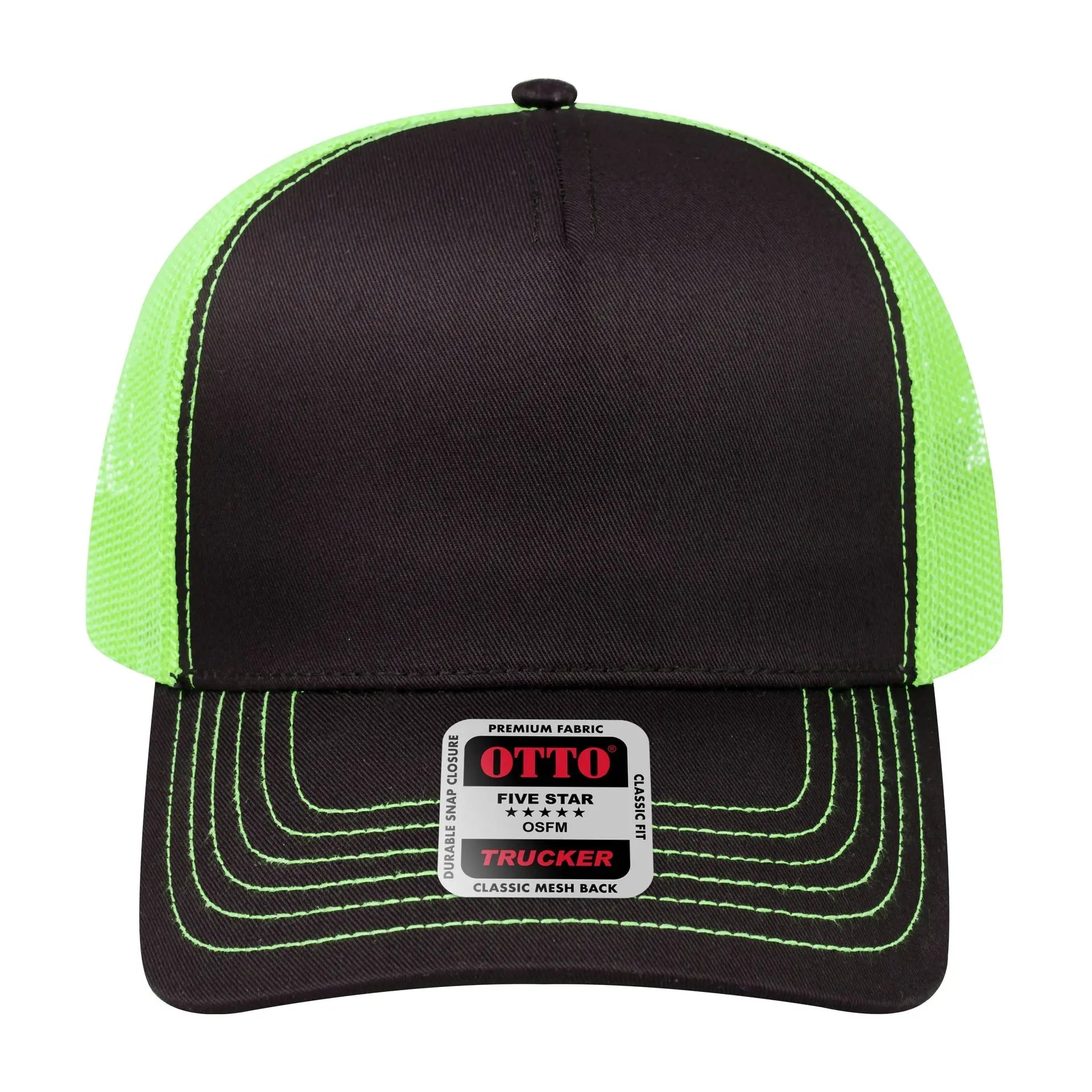 OTTO 102-664 5 Panel Low Profile Mesh Back Trucker Cap - Blk/Blk/N.Grn - Blk/Blk/N.Grn / 6 1/2’’ - 7 5/8’’