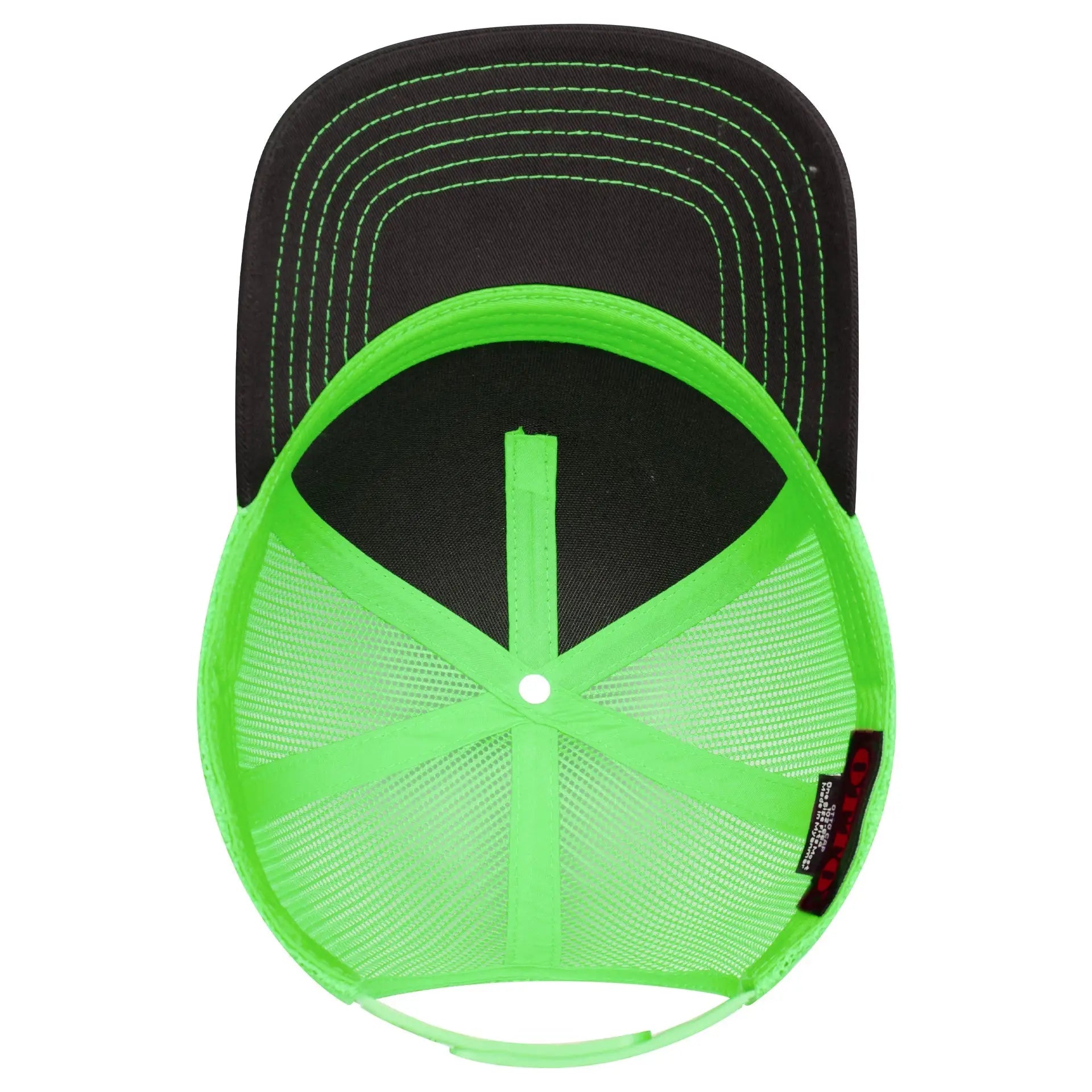 OTTO 102-664 5 Panel Low Profile Mesh Back Trucker Cap - Blk/Blk/N.Grn - Blk/Blk/N.Grn / 6 1/2’’ - 7 5/8’’