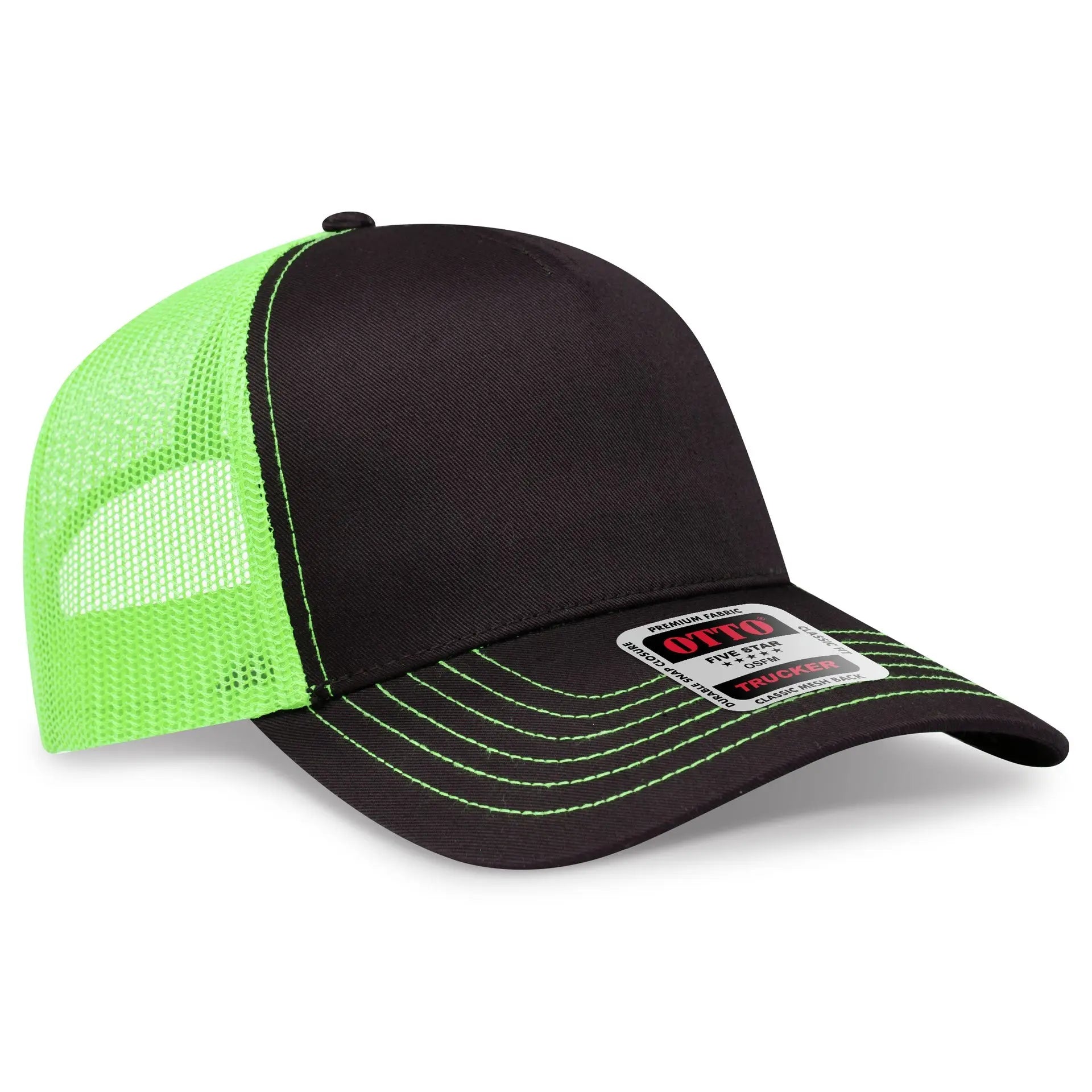 OTTO 102-664 5 Panel Low Profile Mesh Back Trucker Cap - Blk/Blk/N.Grn - Blk/Blk/N.Grn / 6 1/2’’ - 7 5/8’’