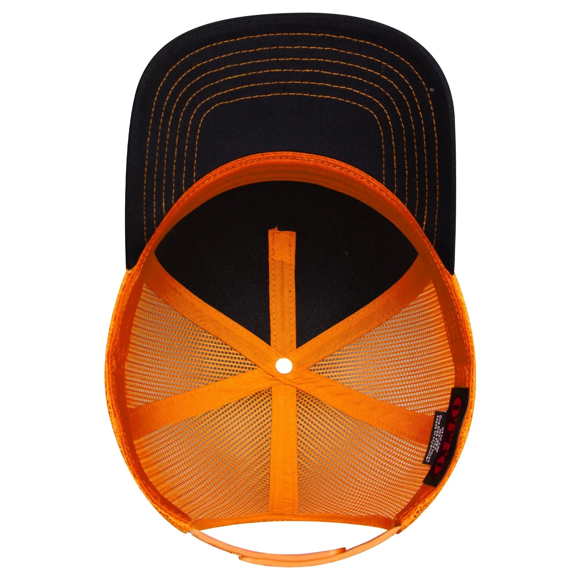 OTTO 102-664 5 Panel Low Profile Mesh Back Trucker Cap - Blk/Blk/N Org - Blk/Blk/N Org / 6 1/2’’ - 7 5/8’’