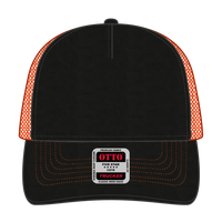 OTTO 102-664 5 Panel Low Profile Mesh Back Trucker Cap - Blk/Blk/N Org - Blk/Blk/N Org / 6 1/2’’ - 7 5/8’’