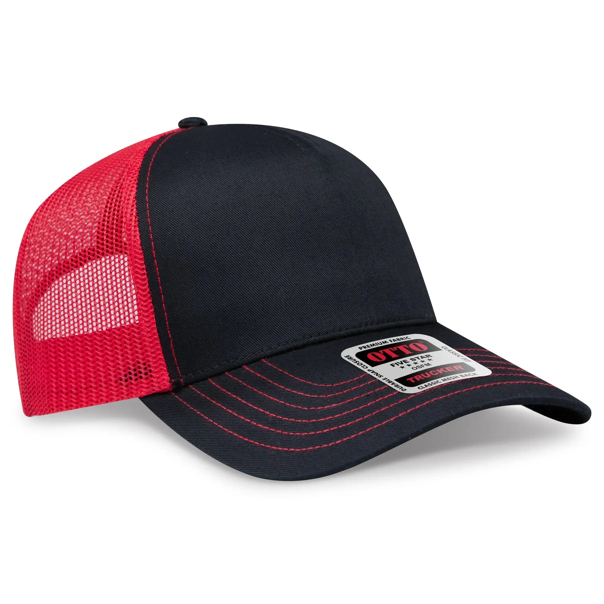 OTTO 102-664 5 Panel Low Profile Mesh Back Trucker Cap - Blk/Blk/Red - Blk/Blk/Red / 6 1/2’’ - 7 5/8’’