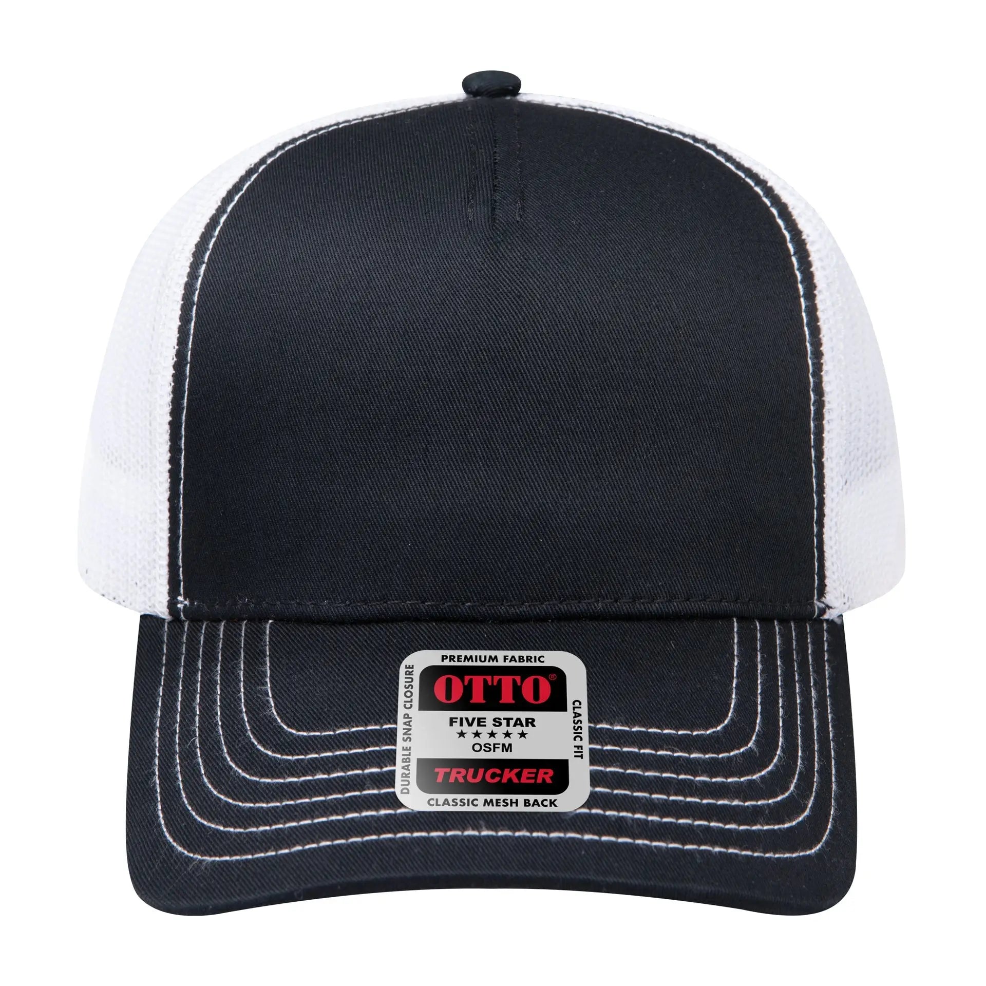 OTTO 102-664 5 Panel Low Profile Mesh Back Trucker Cap - Blk/Blk/Wht - Blk/Blk/Wht / 6 1/2’’ - 7 5/8’’