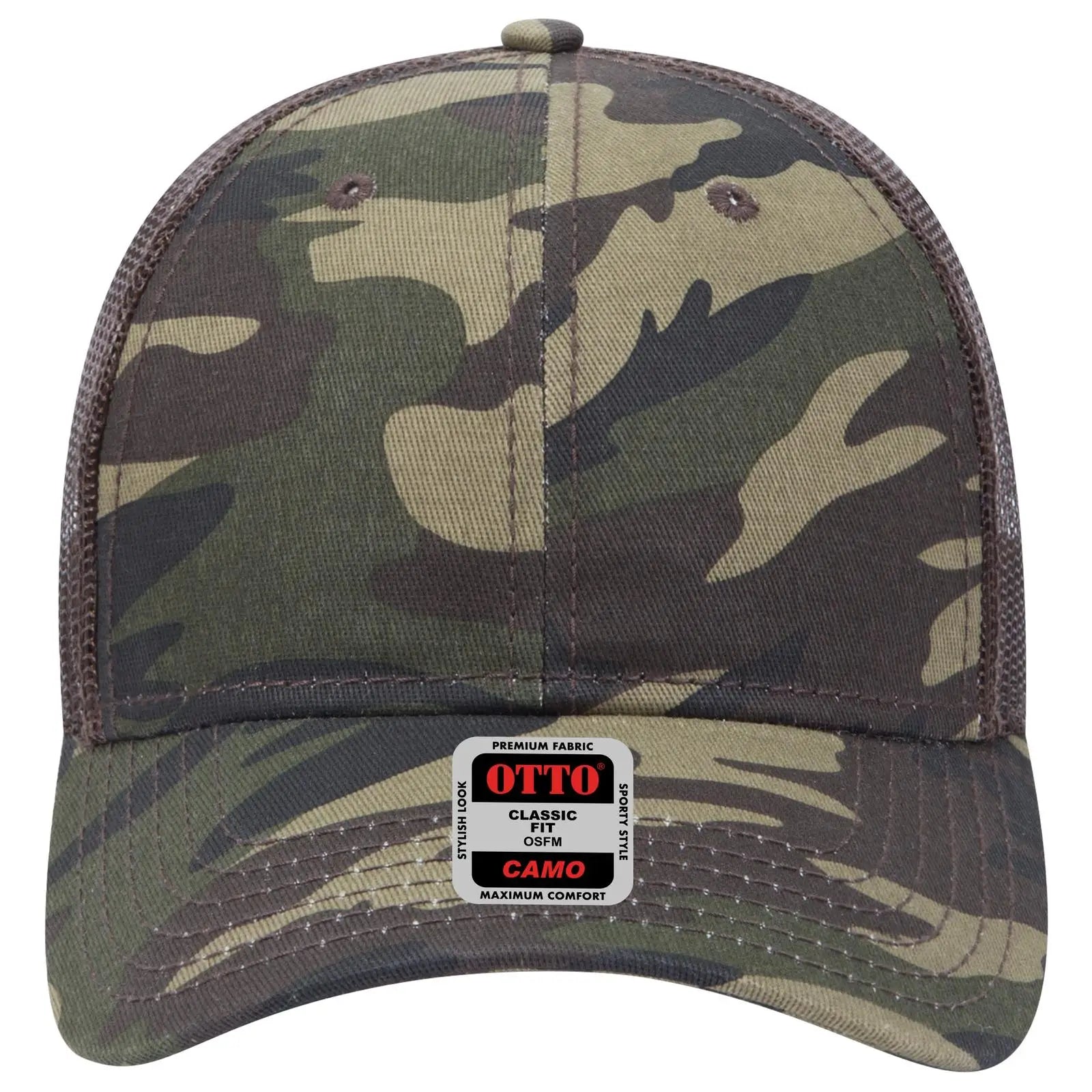 OTTO 105-1247 Camouflage 6 Panel Low Profile Mesh Back Trucker Cap - Camo/BrownMesh - Camo/BrownMesh / 6 1/2’’ - 7 5/8’’