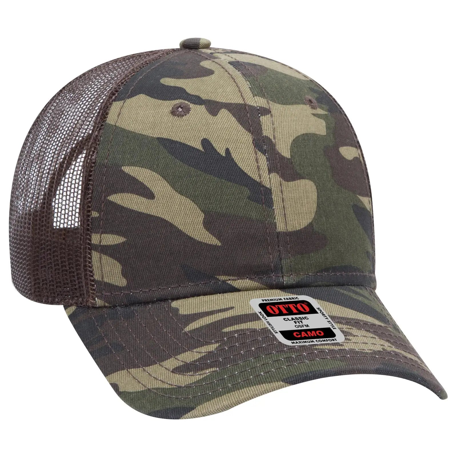 OTTO 105-1247 Camouflage 6 Panel Low Profile Mesh Back Trucker Cap - Camo/BrownMesh - Camo/BrownMesh / 6 1/2’’ - 7 5/8’’