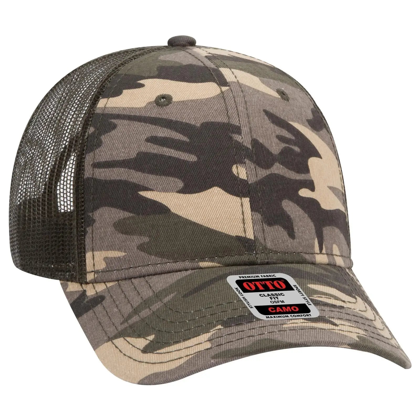 OTTO 105-1247 Camouflage 6 Panel Low Profile Mesh Back Trucker Cap - Camo/OliveMesh - Camo/OliveMesh / 6 1/2’’ - 7 5/8’’
