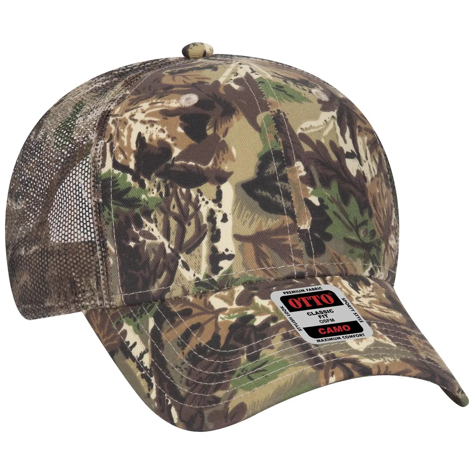 OTTO 105-751 Camouflage 6 Panel Low Profile Mesh Back Trucker Cap - Lt.Lod/Brn/Kly - Lt.Lod/Brn/Kly / 6 1/2’’ - 7 5/8’’