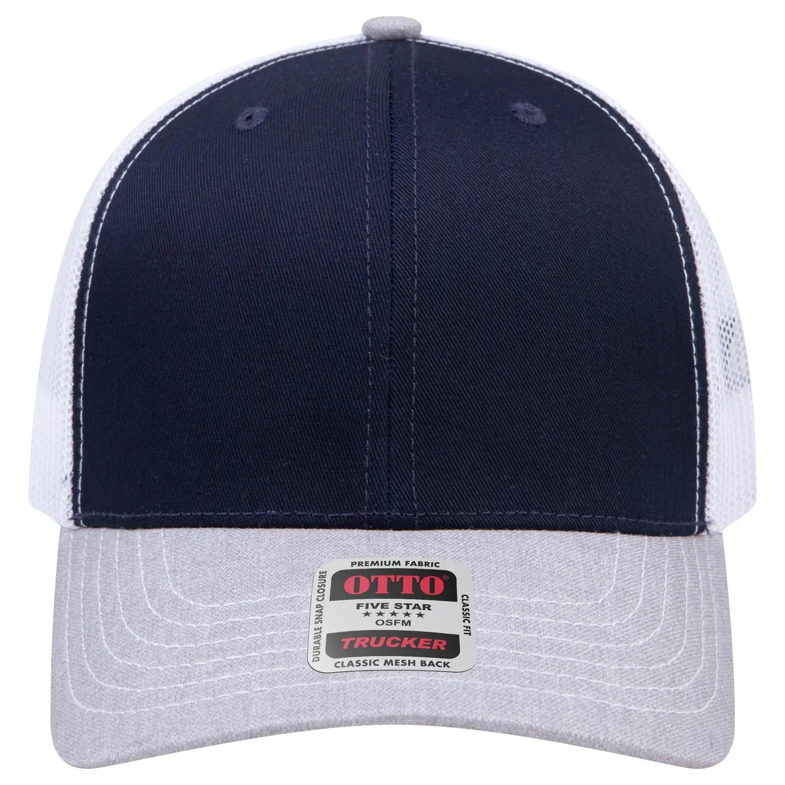 OTTO 112-1 6 Panel Mid Profile Mesh Back Trucker Cap - HeatherGray/Navy/White - HeatherGray/Navy/White / 7 3/8’’ - 7