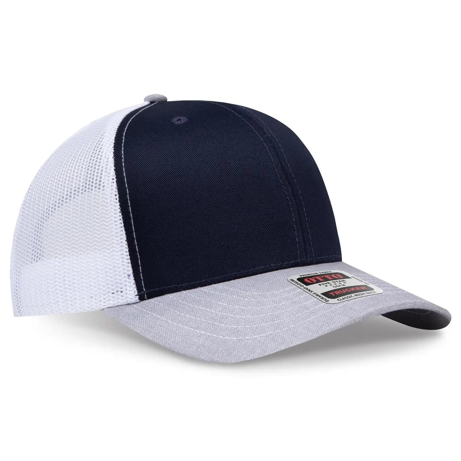 OTTO 112-1 6 Panel Mid Profile Mesh Back Trucker Cap - HeatherGray/Navy/White - HeatherGray/Navy/White / 7 3/8’’ - 7