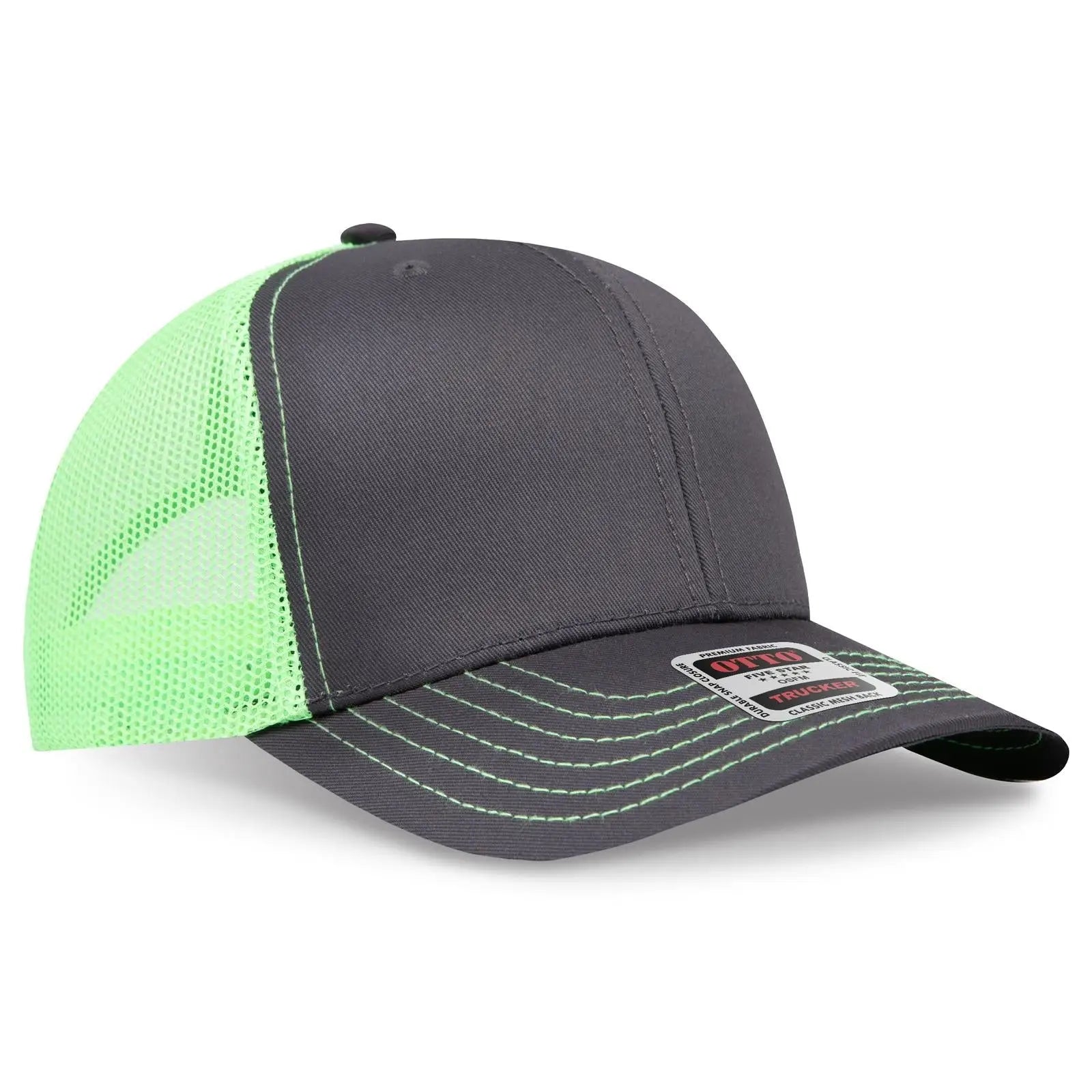 OTTO 112-1 6 Panel Mid Profile Mesh Back Trucker Cap - Ch.Gry/Ch.Gry/N.Grn - Ch.Gry/Ch.Gry/N.Grn / 7 3/8’’ - 7 5/8’’