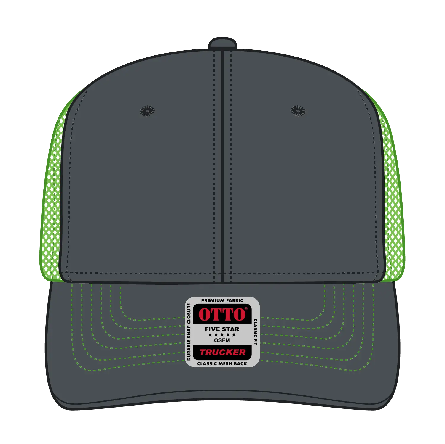 OTTO 112-1 6 Panel Mid Profile Mesh Back Trucker Cap - Ch.Gry/Ch.Gry/N.Grn - Ch.Gry/Ch.Gry/N.Grn / 7 3/8’’ - 7 5/8’’