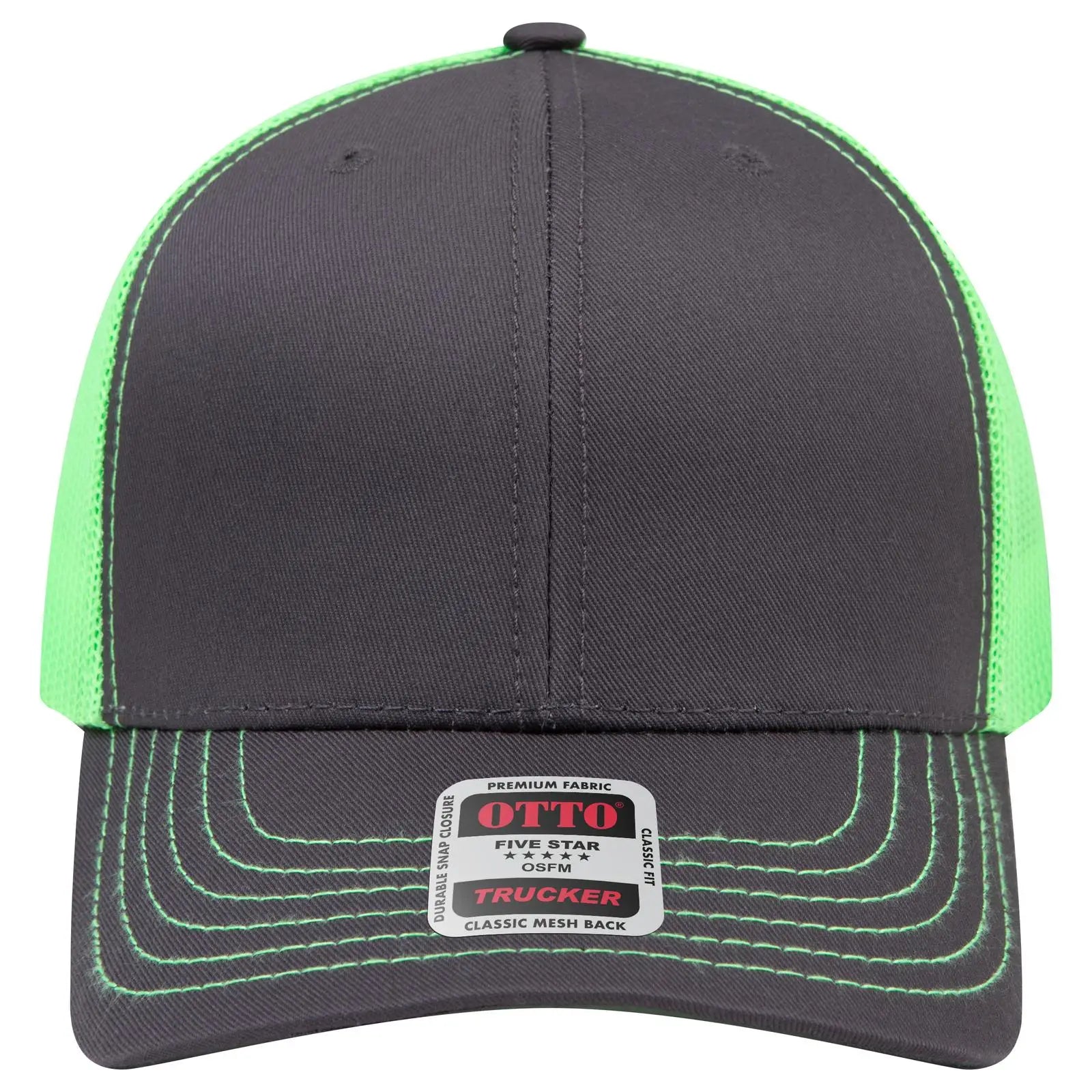 OTTO 112-1 6 Panel Mid Profile Mesh Back Trucker Cap - Ch.Gry/Ch.Gry/N.Grn - Ch.Gry/Ch.Gry/N.Grn / 7 3/8’’ - 7 5/8’’