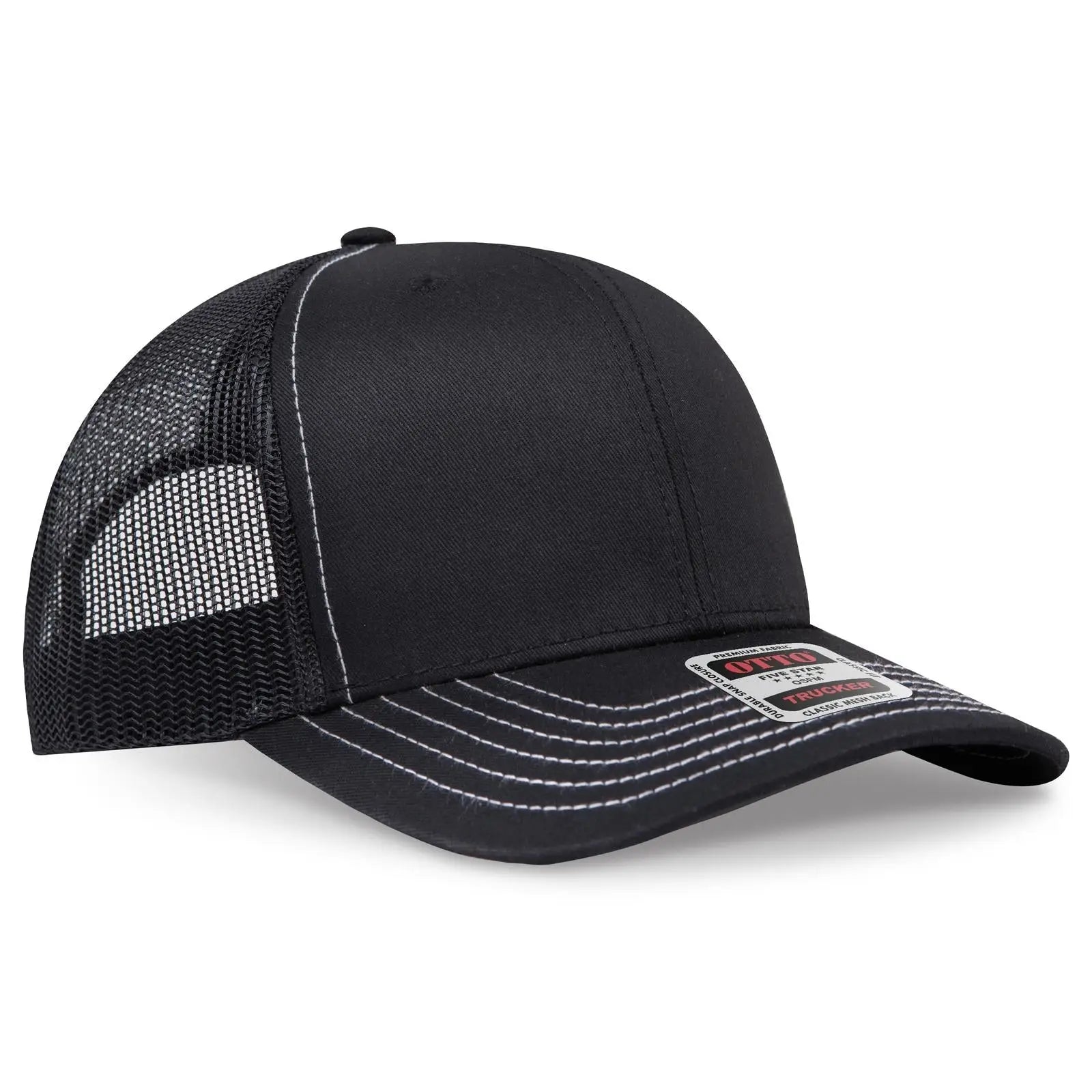 OTTO 112-1 6 Panel Mid Profile Mesh Back Trucker Cap - Black - Black / 7 3/8’’ - 7 5/8’’