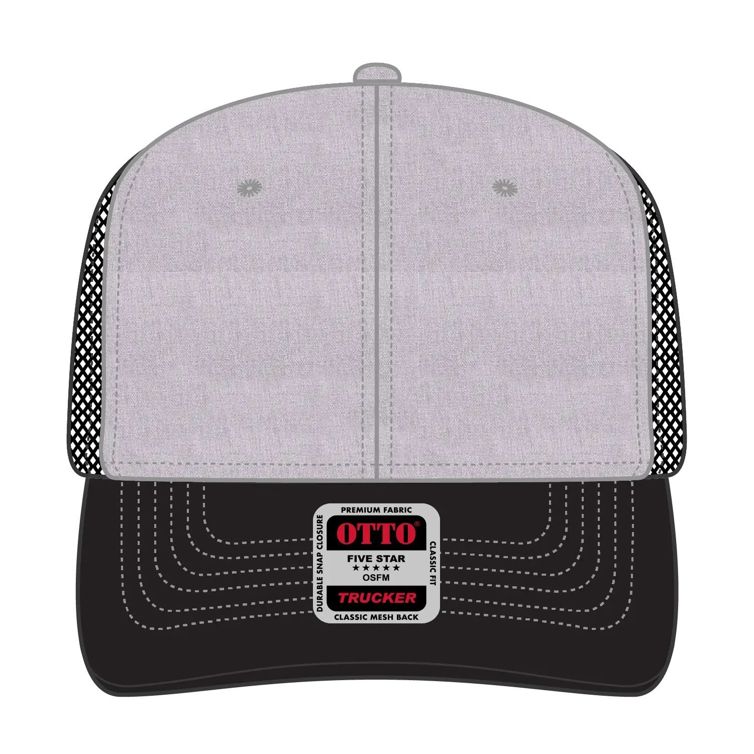 OTTO 112-1 6 Panel Mid Profile Mesh Back Trucker Cap - Black/Heather Gray/Black - Black/Heather Gray/Black / 7 3/8’’