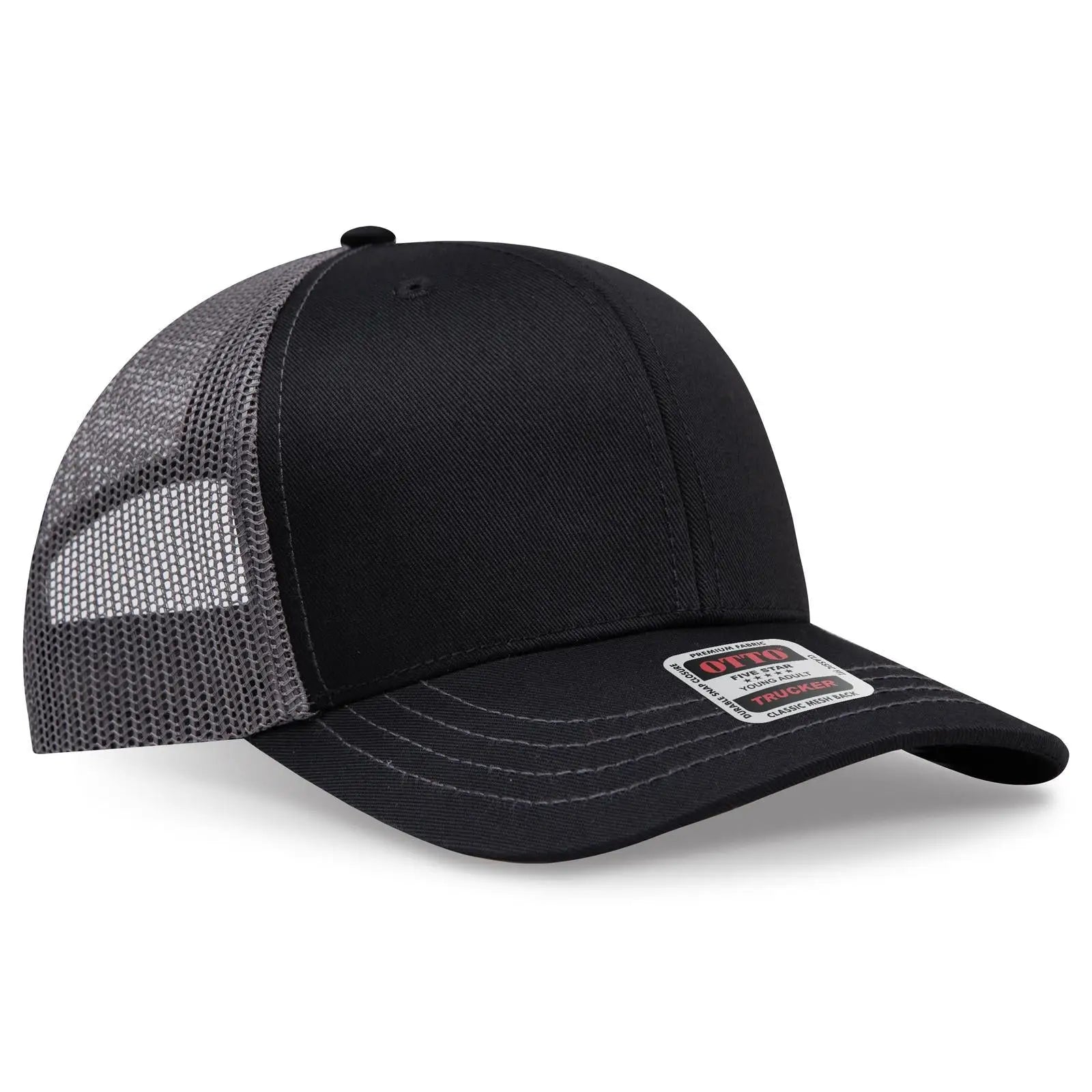 OTTO 112-1 6 Panel Mid Profile Mesh Back Trucker Cap - Blk/Blk/Ch.Gry