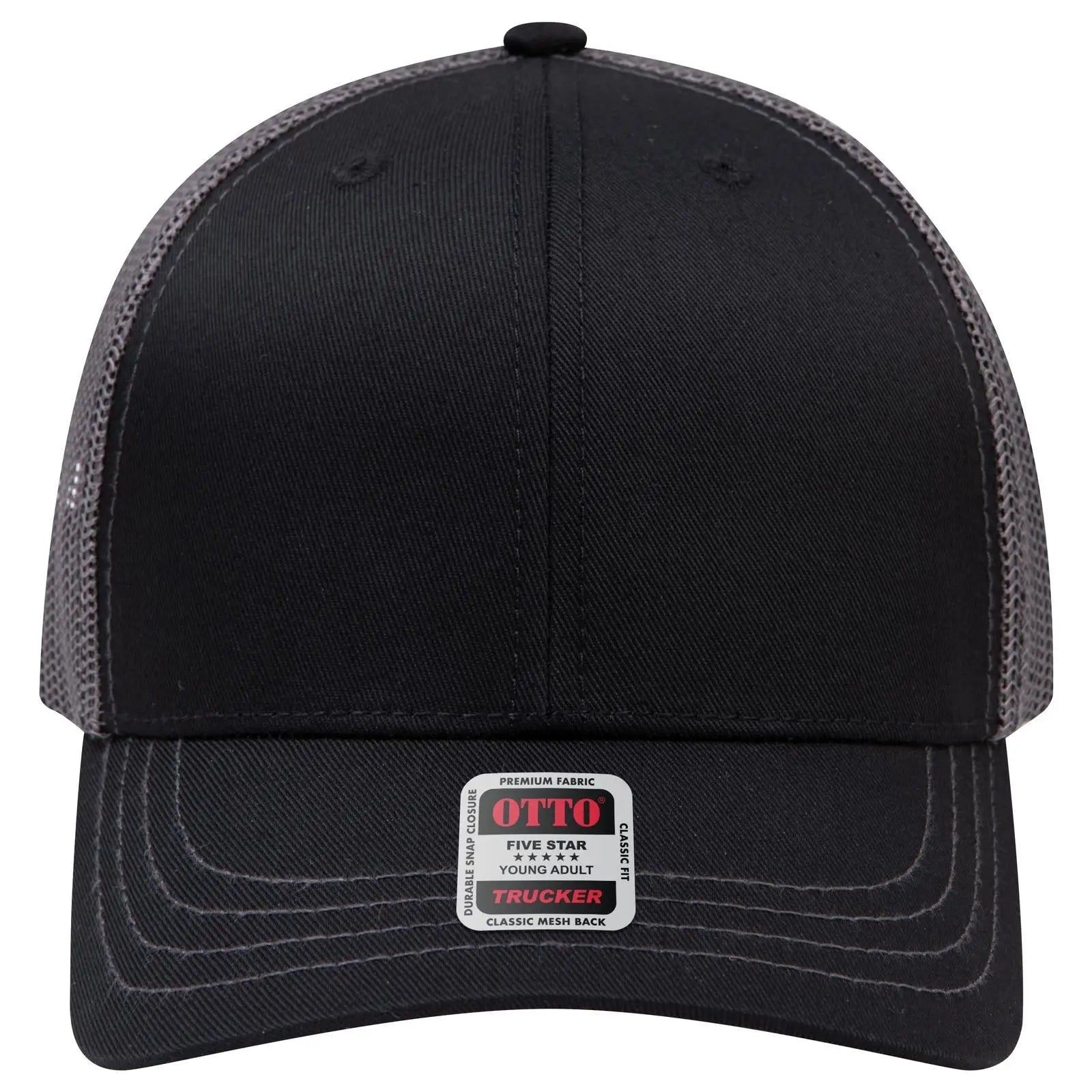OTTO 112-1 6 Panel Mid Profile Mesh Back Trucker Cap - Blk/Blk/Ch.Gry