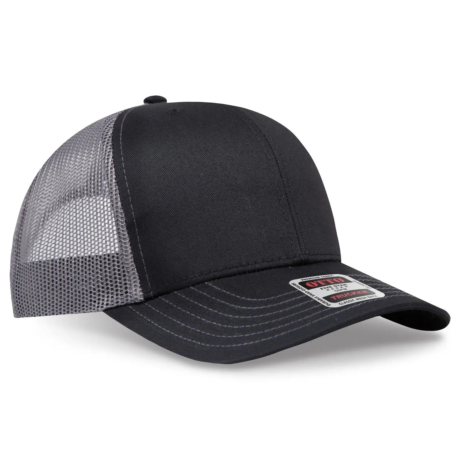 OTTO 112-1 6 Panel Mid Profile Mesh Back Trucker Cap - Blk/Blk/Ch.Gry